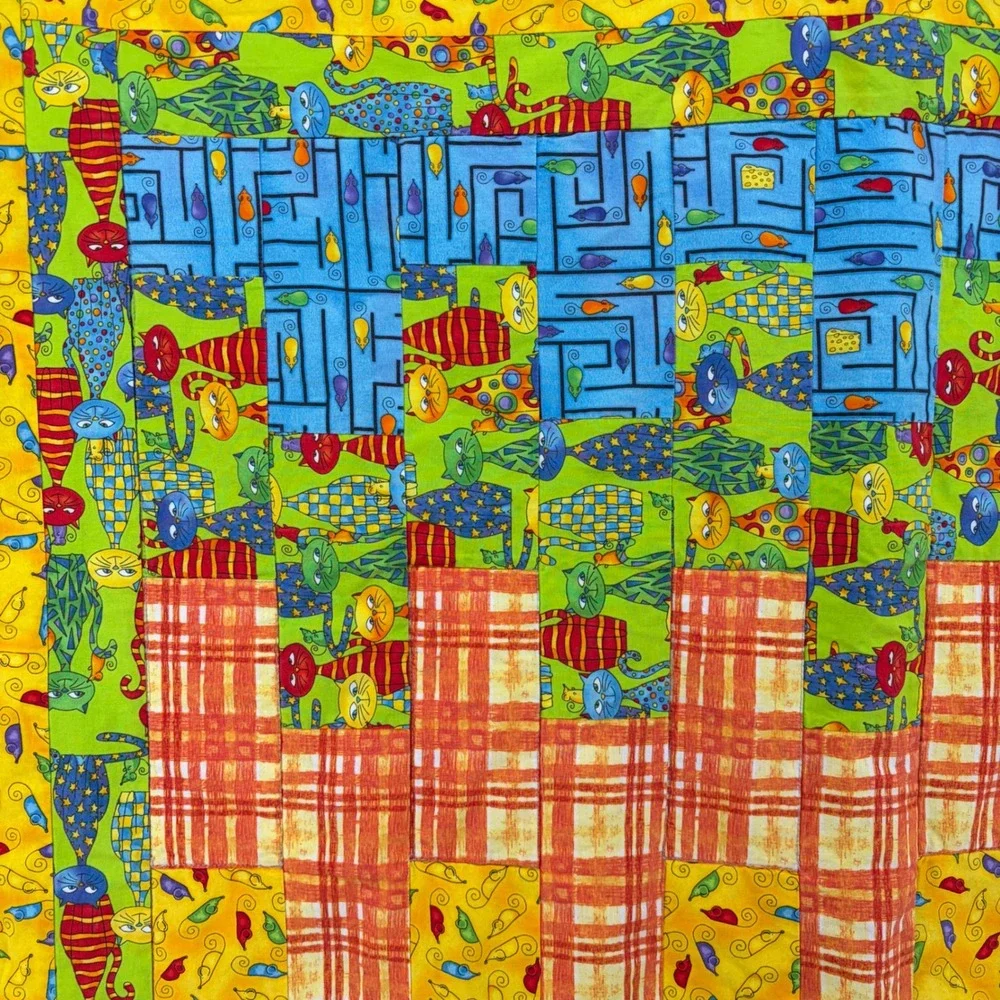 Handmade Quilt Cat Mouse Maze Rainbow Stripe Patchwork Kidcore 39x52 Whimsical